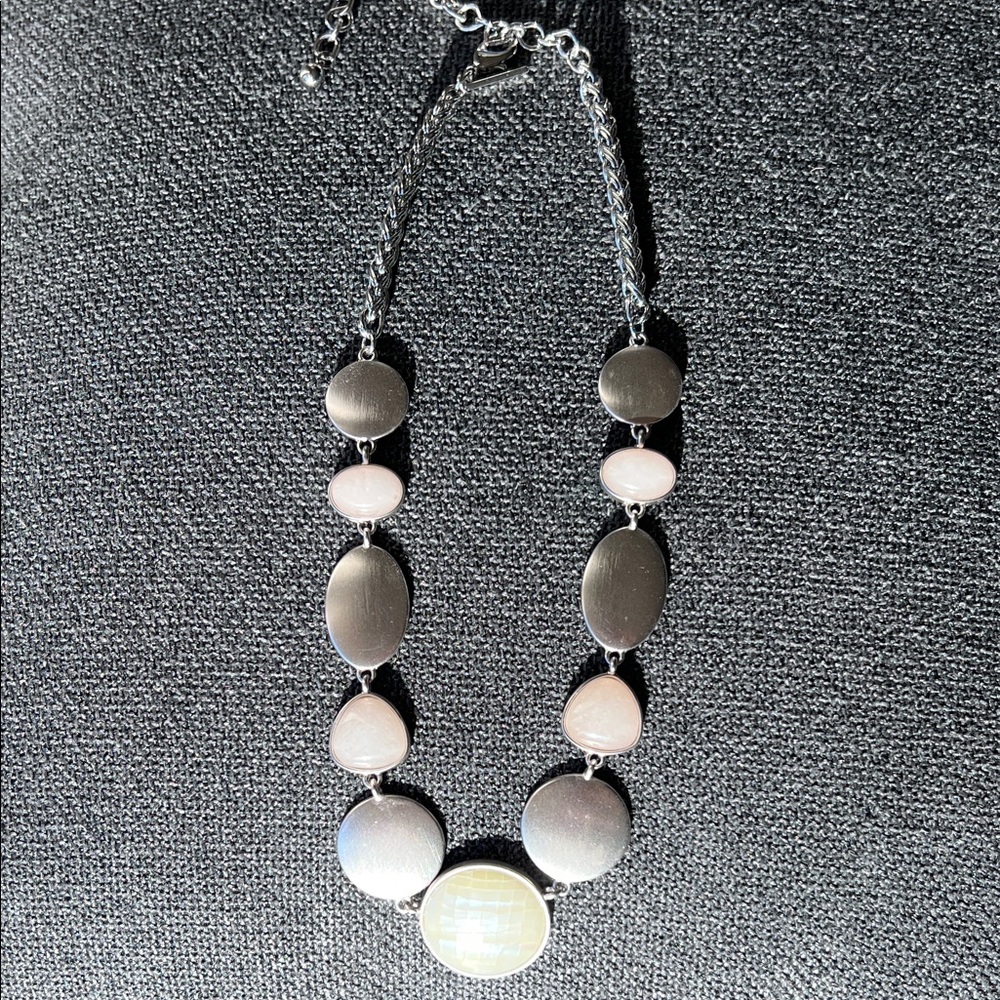 White House Black Market Silver, Mother of Pearl, and Rose Quartz Necklace
